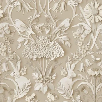 Image of Fine Decor Woodland Natural Wallpaper Floral Leaves Animal Print Feature Wall