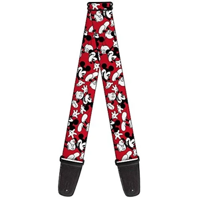 Image of Buckle Down Guitar Strap Mickey Mouse Poses Scattered Red Black White 2 Inches Wide