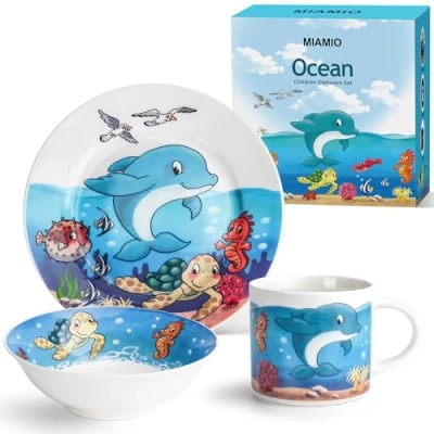 Image of MIAMIO Set of 3 Kids Dinnerware Set/Children Dishes, Dish Set, Children’s Tableware Includes Plate, Bowl and Cup for Toddler (Ocean)
