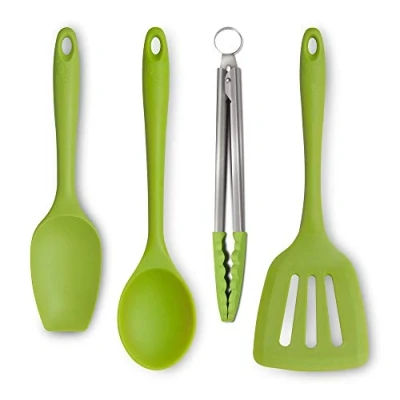 Image of Zeal JSET40L Non Stick Silicone Tongs, Turner, Spatula Cooks Spoon 4 Piece Set Lime