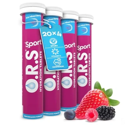 Image of O.R.S Sport Hydration Tablets with Electrolytes, Vegan, Gluten and Lactose Free Formula Soluble Sports Oral Rehydration Natural Mixed Berry Flavour, Low Calorie, 80 (Pack of 4)