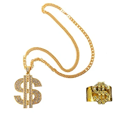 Image of QCZJ Dollar Sign Necklace and Ring Set,Hip Hop Rapper Punk Gold Chain Plated for Men Woman Mardi Gras Carnival Party