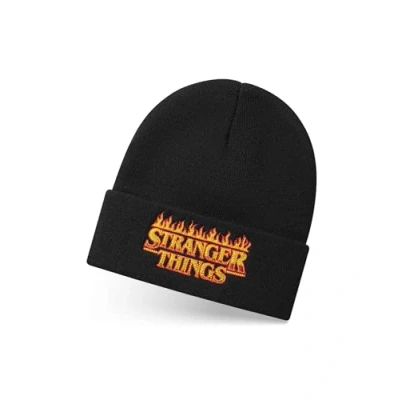Image of Stranger Things Unisex Beanie Hat in Black Knitted Winter with Embroidered Flames Logo for Men &amp; Women Adults One Size Warm Netflix TV Show Merchandise Gift