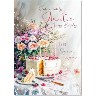 Image of doodlecards Auntie Birthday Card Cake and Flowers Medium Size with Plain Envelope