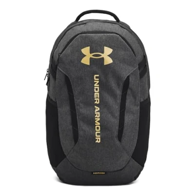 Image of Under Armour Unisex Adult Hustle 6.0 Backpack, (005) Black Full Heather/Black/Metallic Gold, One size fits most