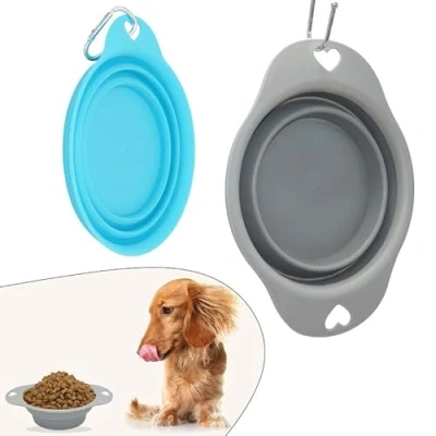 Image of 2Pcs Silicone Collapsible Dog Bowls in Blue and Grey Colour, Portable Water Bowl 705ml 470ml, Expandable Pet Accessory for Camping, Hiking Travelling