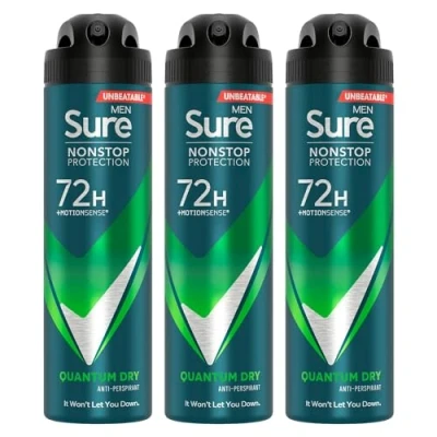 Image of Sure Antiperspirant 72H Nonstop Sweat and Odour Protection Alcohol Free Body Spray Anti White Marks with Fresh Sporty Scent Multi Fragrance Deodorant for Men, 150ml Pack of 3 (Quantum Dry)