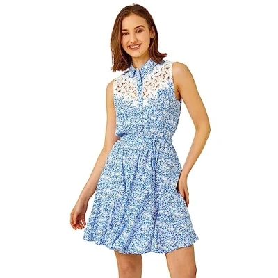Image of Roman Womens Sleeveless Lace Trim Floral Shirt Dress Sky Blue Size 18 UK