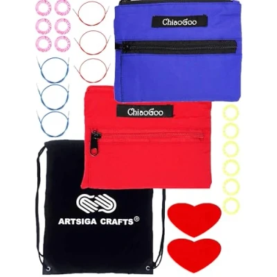 Image of ChiaoGoo Twist Red Lace Shorties 2 &amp; 3 Inch 7230 Combo Pack Interchangeable Knitting Needle Set, 22 Pairs Sizes US 0, 1, 1.5, 2, 2.5, 3, 4, 5, 6, 7, 8, 6 Cords Bundle with 1 Artsiga Crafts Project Bag