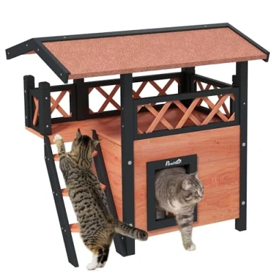 Image of PawHut Cat House Outdoor Kitten Shelter Puppy Kennel with Balcony Stairs Asphalt Roof, 77 x 50 73 cm, Brown