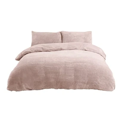 Image of Sleepdown Teddy Fleece Duvet Cover Quilt Bedding Set with Pillow Cases Thermal Warm Cosy Super Soft King Blush Pink