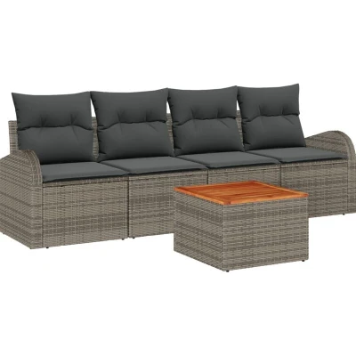 Image of vidaXL 5 Piece Garden Sofa Set with Cushions Grey Poly Rattan Acacia