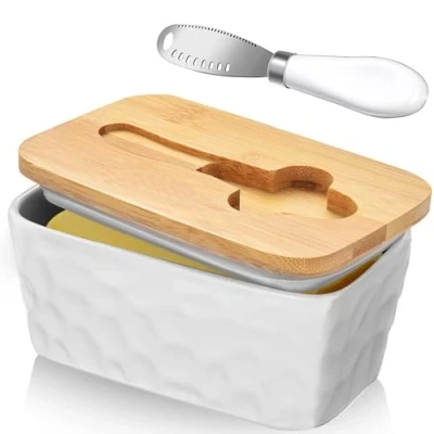 Image of Ceramic Butter Dish with Lid and Knife Porcelain Container Cutter Easy Spread Kitchen Accessories Tableware (White)
