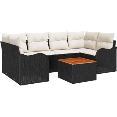 Image of vidaXL 7 Piece Garden Sofa Set with Cushions Black Poly Rattan Acacia