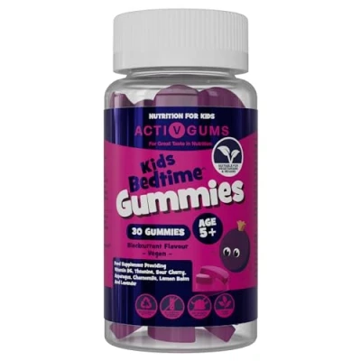 Image of Kid&#039;s Bedtime 30 Vegan Gummies Blackcurrant Flavour Melatonin &amp; 5HTP Free Contains Vitamin B6, Montmorency Cherry, Chamomile Resealable Recyclable Pouch Suitable for Ages 5+ by ActivGums®