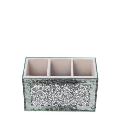 Image of EagleWiz Crushed Diamond Jewel Brush Holder Organiser Beauty Box Make up Container, 3 Compartments Makeup Storage Silver