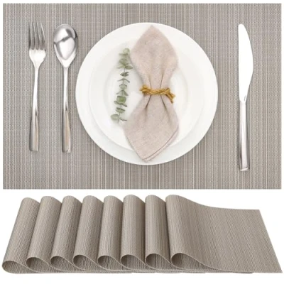 Image of Myir JUN Table Mats Set of 8, Place Placemats Washable Non slip Heat Insulation Woven Vinyl for Kitchen Dinning Restaurant 18&quot;X12&quot; (Silver Golden)