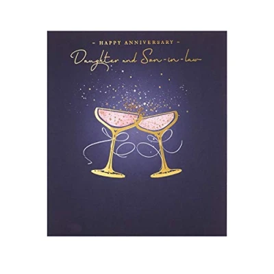 Image of UK Greetings Daughter and Son in Law Wedding Anniversary Card Envelope Champagne Design with Gold Glitter Finish