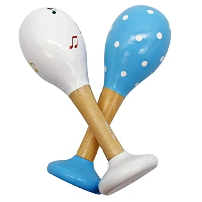 Image of PREMYO Baby Rattle Maracas Wooden Musical Instruments for Toddlers Newborn Sensory Toys Dots Notes Blue White