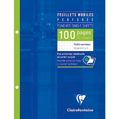 Image of Clairefontaine Ref 1332C Single Sheets (Pack of 50 Sheets) 17 x 22cm, 2 Hole Punched, 5/5 Squared Rulings, 90gsm Brushed Vellum Paper, Resealable Pack White