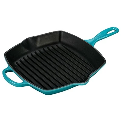 Image of Le Creuset Signature Enamelled Cast Iron Grillit Frying Pan With Helper Handle and Two Pouring Lips, For All Hob Types Ovens, 26 cm, Teal, 20183261700422, Caribbean