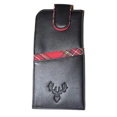 Image of Braemar Glasses case by Mala Leather Soft Wide tab top Unisex Tartan (Black)