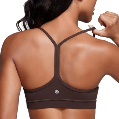Image of CRZ Yoga Women&#039;s Butterluxe Padded Sports Bra Low Impact Y Back Strappy Racerback Spaghetti Straps Gym Bras Hot Fudge Brown XS