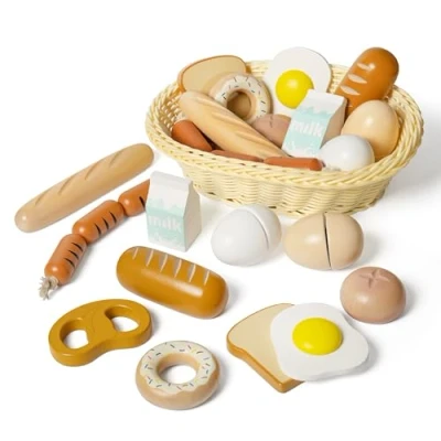 Image of Hooga Breakfast Play Food Set with Basket Wooden Playfood Featuring 11 Pieces Pretend Toy for Children Painted Kitchen