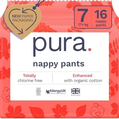 Image of Pura Eco Nappy Pants Size 7 (17kg+), 16 Nappies, Pull Up Disposable Baby Nappies for Sensitive &amp; Allergy Prone Skin, Hypoallergenic, Fragrance Free, Easy Tear Side, New Guide