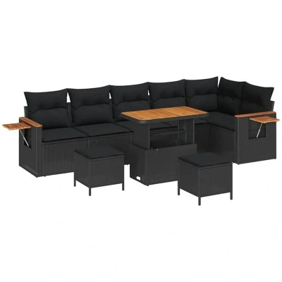 Image of vidaXL 9 Piece Garden Sofa Set with Cushions Black Poly Rattan Acacia