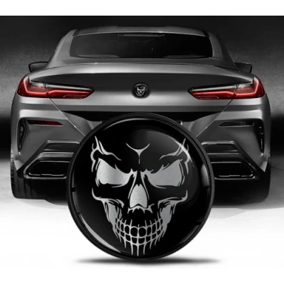 Image of Biomar Labs Rear Trunk Tuning Badge 74mm Compatible with BMW Emblem Bonnet Boot 51148219237 Skull Black Silver EZ 15