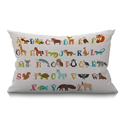 Image of 12X20 Inches Cushion Cover Rustic Farmhouse Decor Alphabet Cute Zoo with Animals Pillowcases Cotton Linen Throw Pillow Case for Sofa Couch Bedro 30 x 50 cm