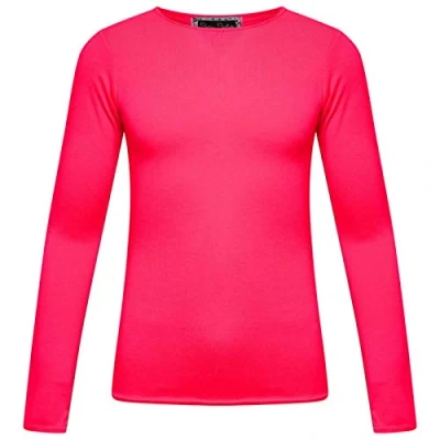 Image of Hiffy Kids Unisex Plain Basic Top Long Sleeve Girls Boys Uniform T Shirt Tops (Neon Pink, 7 8 Years)