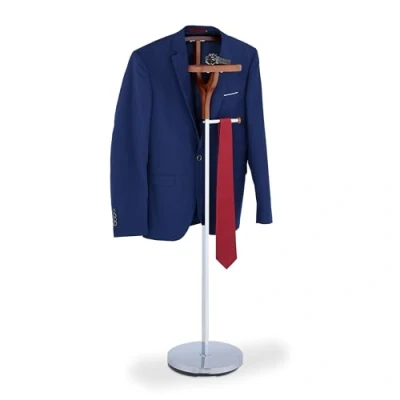 Image of Relaxdays Valet Stand, for Shirts &amp; Pants, No Wrinkles, MDF Steel, Clothes Hanger, HWD: 120 x 45 28 cm, Silver/Brown