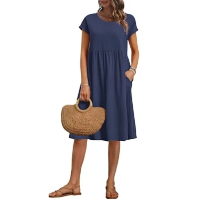 Image of AUSELILY Women&#039;s Summer Short Sleeve Knee Length Dresses Round Neck Loose Dress with Pockets Navy Blue XL