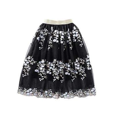 Image of es uk Mesh Skirts for Girls Elastic Waist skirt with Embroidered Flower, tutu, prom dresses kids, blue tutu ballet skirt, black (Black, 7 8 years)