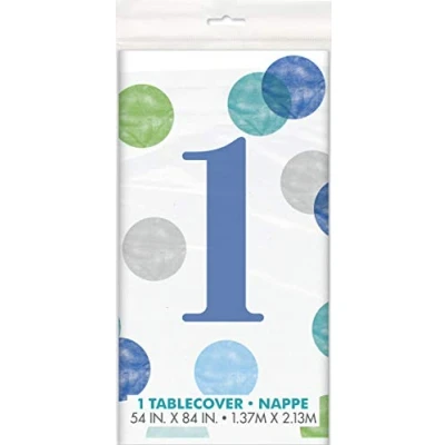 Image of Blue Dots 1st Birthday Table Cover (137cm x 213cm) Charming Rectangular Plastic Tablecloth Perfect for Your Little&#039;s Celebrations 1 Pc, 54&quot; 84&quot;