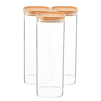 Image of Argon Tableware Square Glass Storage Jars with Airtight Wooden Lids 2200ml 3 Pack Modern Kitchen Container Preserving for Pickling, Chutney, Jam, Coffee, Olives, Sugar, Spices