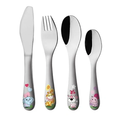 Image of Exzact Childrens Cutlery 4pcs Set Stainless Steel/Kids Cutlery/Toddler Utensils/Flatware 1 x Fork, Safe Dinner Knife, Spoon, Dessert Spoon with Illustrations (WF712P)