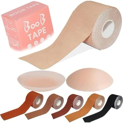 Image of SELLY Boob Tape, Bob Tape for Large Breasts, Self Adhesive Strapless Boobtapes with 2 Pcs Nipple Covers, 5M Stretchable Longer Than Regular Roll, Perfect to Stick on Bra (Skin)