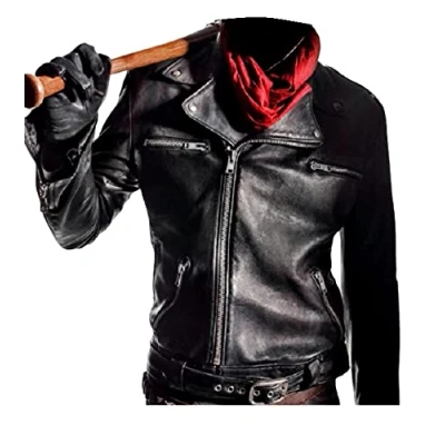 Image of Negan Jacket Black Leather Motorcycle Brando Biker Style Real