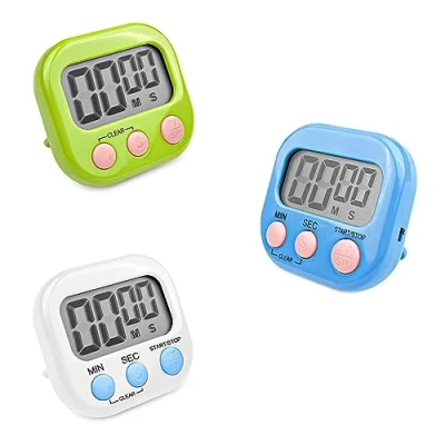 Image of Fousenuk Pack of 3 Egg Timer with Colours, Digital Timer, Kitchen Magnetic, Stopwatch Foldable Stand, Large LCD Display for Cooking, Baking, Sports, Studying