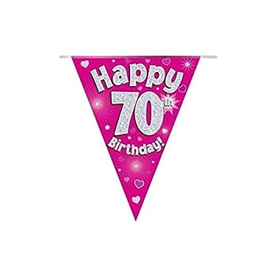 Image of OAKTREE UK 630901 Party Bunting Happy 70th Birthday Pink Holographic 11 Flags 3.9m