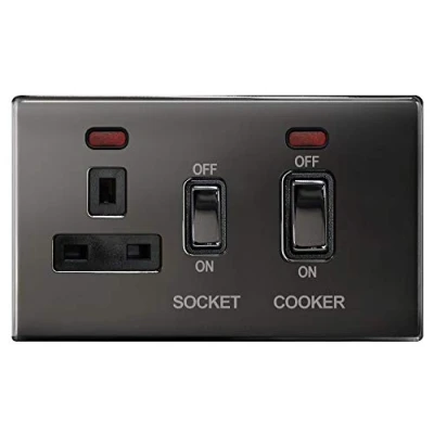 Image of Black Nickel 45A Cooker Control Switch Unit with 13A Socket Neon Indicators N331GME Screwless Plate Finish