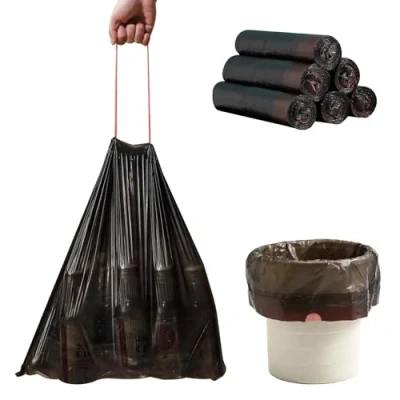 Image of 120 Black Plastic Bin Bags Liners Heavy Duty 10l Drawstring Trash Bag 6 Rolls x 20 Biodegradable from 100% Recycled Material for Kitchen Office