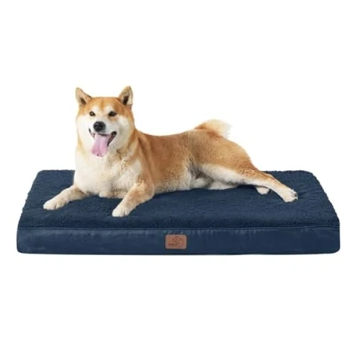 Image of Bedsure Large Dog Bed Washable Orthopedic Mattress Mat for Crate with Removable Plush Sherpa Cover, Navy, 91x69x7.6cm