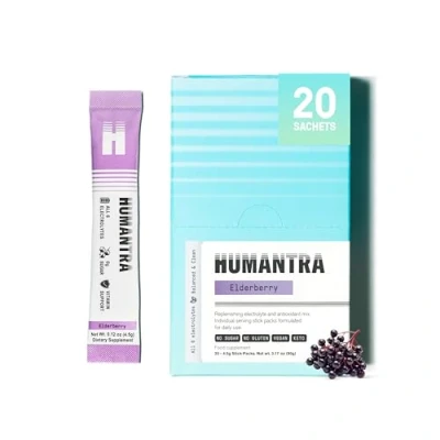 Image of Humantra Hydration Packets Zero Calorie, Sugar Electrolyte Multiplier w/Essential Minerals &amp; 6 Electrolytes Powder (20 Count, Elderberry)