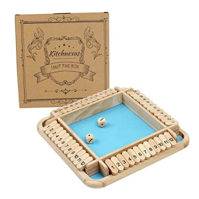 Image of Kitchnexus Classic Shut The Box Four Sided Flop Game with Dice, Wooden Board Travel for 2 4 Player Green
