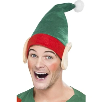Image of Smiffys Elf Hat, Green with Ears, Christmas Fancy Dress Accessory, Up Hats