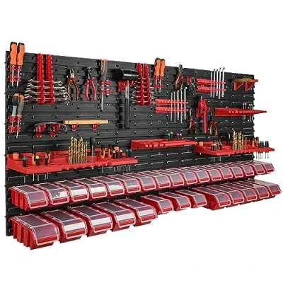 Image of Wall Shelf with 30 Storage Boxes Lid, Tool Holders, Stacking Boxes, for Workshop, Workbench, 178 x 78 cm